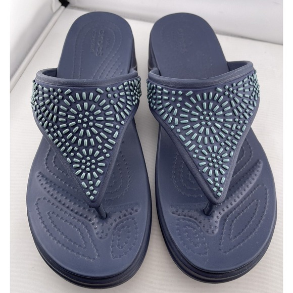 Crocs‎ Women's Montery Diamante Slip On Wedge Sandals Blue Size 10 Embellished - Picture 1 of 13